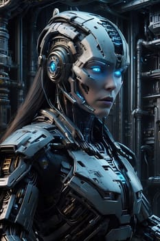 3D rendering of a female robot in futuristic space. Generative AI.