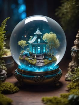 Crystal ball with house and tree inside. Fairy tale magic concept. AI Generated.