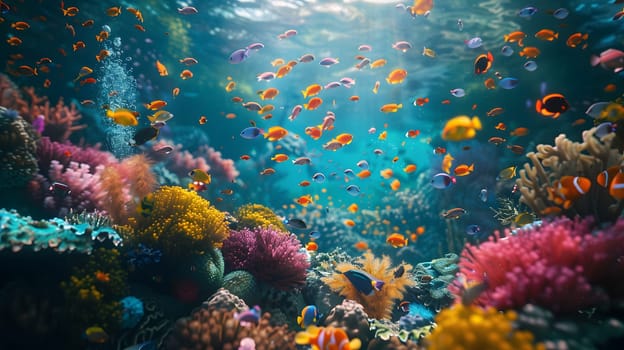 An underwater window into the azure world of marine biology, showcasing a vibrant coral reef teeming with fish and organisms in the aqua waters