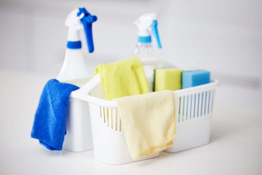 Cleaning, tools and spray product in bottle for home disinfection or detergent container for janitor service. Chemical, cleaner or washing supplies with cloth and protection from bacteria or germs.