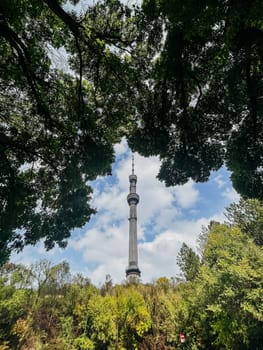 This captivating image depicts a majestic tower amidst lush trees under a clear blue sky, creating a serene and tranquil atmosphere.