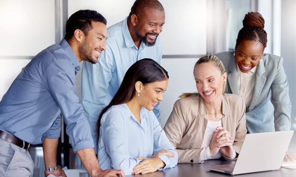 Laptop, teamwork or business people in meeting for solution, conversation or discussion for tech update. Problem solving, good news and staff in office for review, feedback and online collaboration.