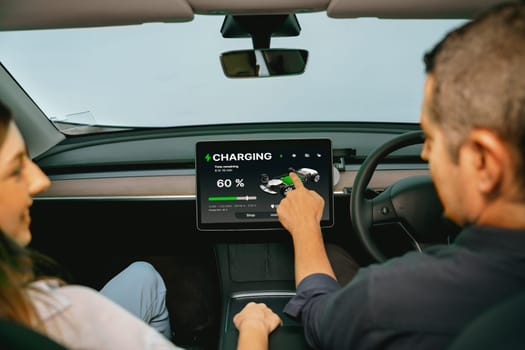 Two lovely couple inside the vehicle, checking battery recharging electricity status display on smart monitor screen in modern EV car on their road trip journey. Exalt