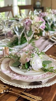 Cottage table decor, holiday tablescape and pink dinner table setting, formal event decoration for wedding, family celebration, English country and home styling