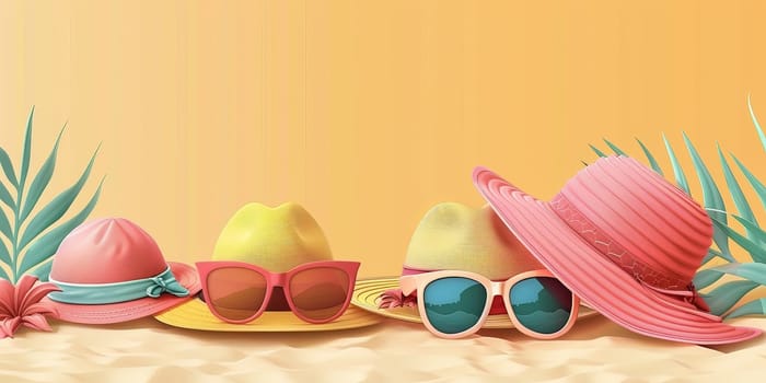 A row of hats and sunglasses on a beach. The hats are pink and yellow, and the sunglasses are blue. The scene is bright and cheerful, with the hats