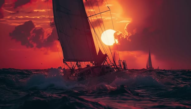 A sailboat is sailing in the ocean with a red and orange sunset in the background. The sky is filled with clouds, and the sun is setting behind the sailboat