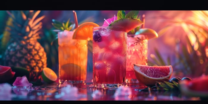 A row of drinks with a pineapple and a slice of orange on the table. The drinks are in tall glasses and are garnished with fruit