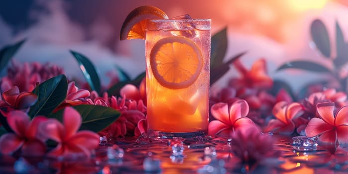 A glass of orange juice with a slice of orange in it is on a table with pink flowers