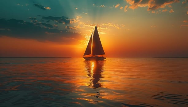 A sailboat is sailing in the ocean at sunset. The sky is filled with clouds and the sun is setting, casting a warm glow on the water. The scene is peaceful and serene