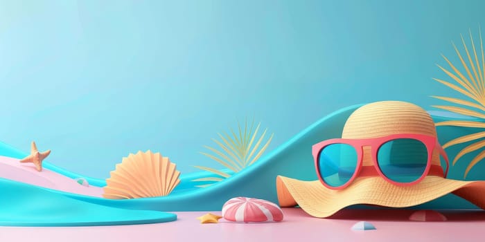 A beach scene with a hat and sunglasses on top of a blue background