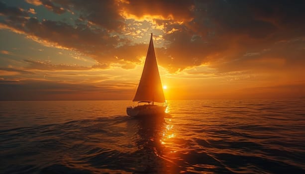 A sailboat is sailing in the ocean at sunset. The sky is filled with clouds and the sun is setting, casting a warm glow on the water. The scene is peaceful and serene