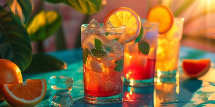 Three glasses of drinks with ice and fruit on a table. The drinks are orange and pink