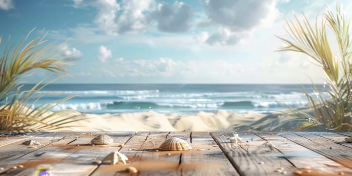 A beach scene with a wooden table and a few seashells on it. Scene is calm and relaxing, as it depicts a peaceful beach setting