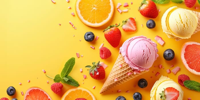 A yellow background with a cone of ice cream and fruit on top. The ice cream is pink and the fruit is a mix of strawberries and blueberries