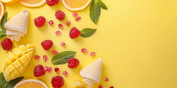 A yellow background with a variety of fruits and ice cream. The fruits include oranges, raspberries, and mangoes
