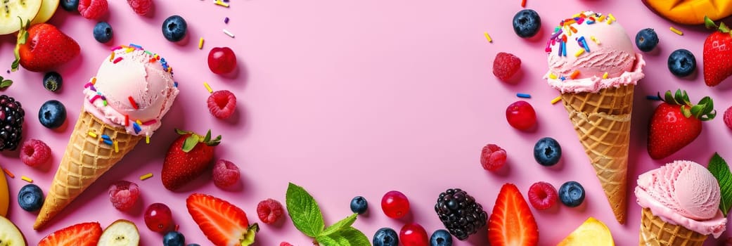 A pink background with a variety of fruits and ice cream. The ice cream is in the shape of a cone and is surrounded by strawberries, blueberries, and raspberries