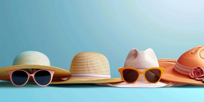 A row of hats and sunglasses on a blue background. The hats are of different styles and colors, and the sunglasses are also of various styles and colors. Scene is cheerful and playful, as the hats