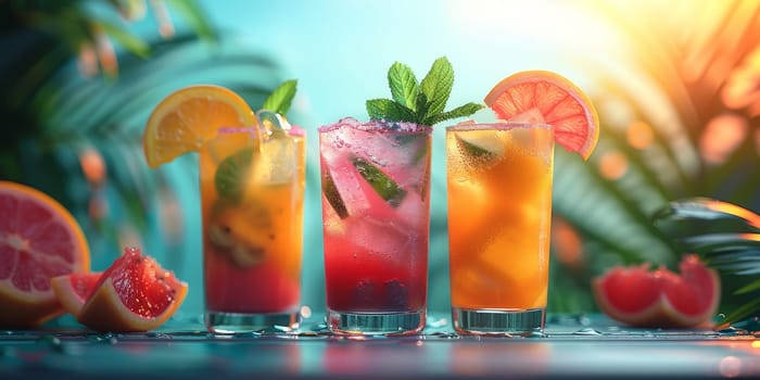 Three colorful drinks with fruit garnishes are displayed on a table. The drinks are in tall glasses and include orange juice, cranberry juice, and a pink drink