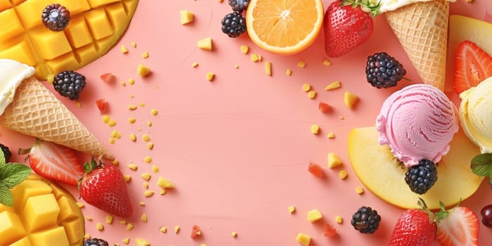 A colorful display of fruit and ice cream on a pink background. Concept of freshness and indulgence, inviting viewers to enjoy the delicious treats
