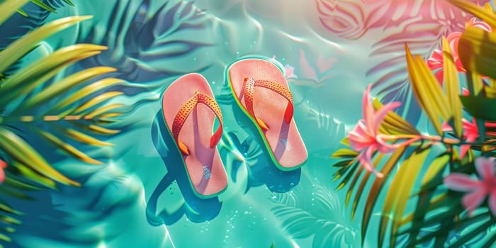 Two flip flops are floating in a pool of water. The image has a tropical feel to it, with the water and the flowers in the background