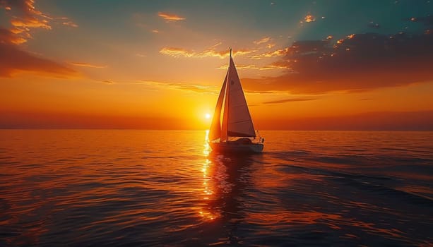A sailboat is sailing on a calm ocean at sunset. The sky is filled with orange and pink hues, creating a serene and peaceful atmosphere