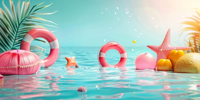 A beach scene with a pink star and a pink life preserver. The water is blue and the sky is clear