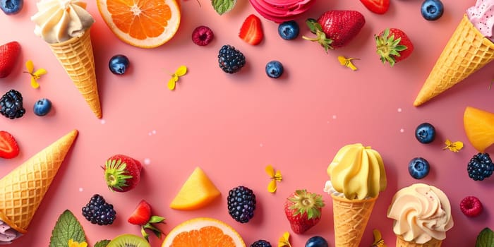 A colorful display of ice cream and fruit, including strawberries, blueberries, and oranges. Concept of freshness and indulgence, inviting viewers to enjoy the delicious treats