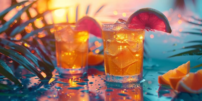 A glass of drink with a slice of lime on top. There are also oranges on the table