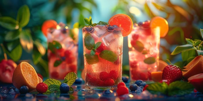 A colorful drink with a garnish of mint and strawberries is served in a glass. The drink is surrounded by fruit and other garnishes, creating a vibrant and refreshing atmosphere