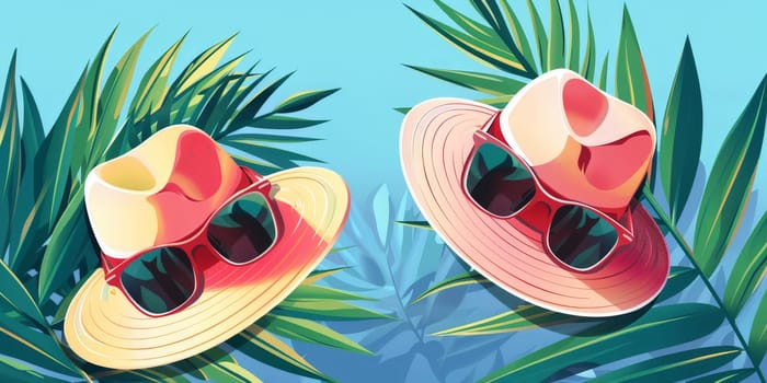 Two hats with sunglasses on them are on a leafy green background. The hats are positioned in such a way that they appear to be flying through the air. Scene is lighthearted and fun