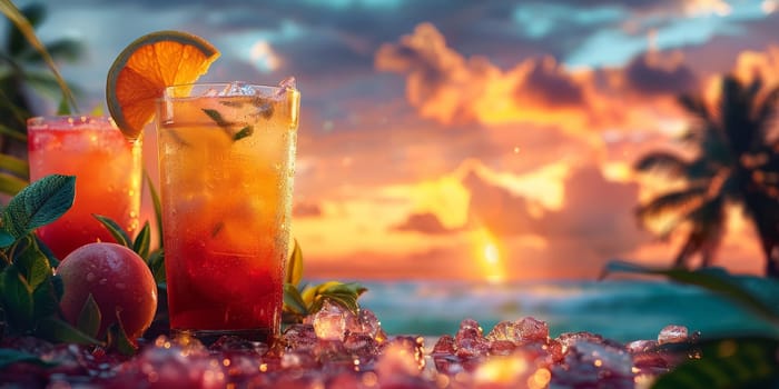 A tropical scene with a drink on a table with a sunset in the background. The drink is a cocktail with a slice of orange on top