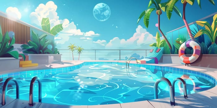A computer generated image of a pool with a moon in the sky. Scene is calm and relaxing