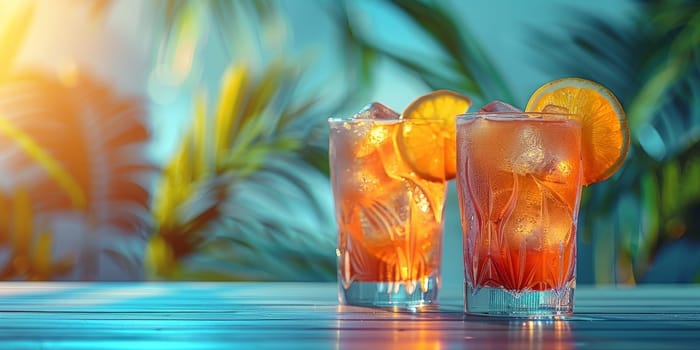 Two drinks with ice and orange slices in glasses on a table. The drinks are in a tropical setting with palm trees in the background
