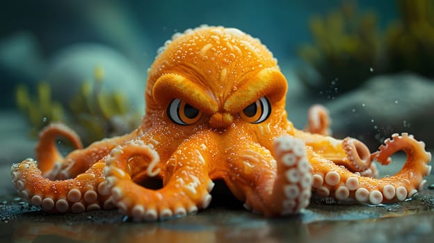 The toy octopus with its angry expression showcases the unique features of a cephalopod organism, with its head, eye, snout, and tentacles resembling a giant Pacific octopus found underwater