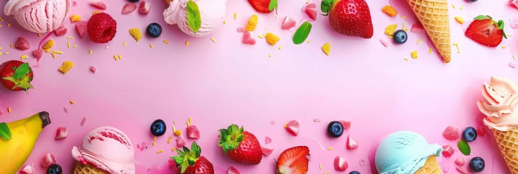 A colorful assortment of ice cream, fruit, and other treats on a pink background. Concept of fun and indulgence, inviting viewers to enjoy the delicious treats