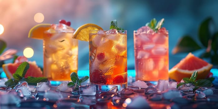 Three drinks with ice and fruit garnish on a table. The drinks are in different colors and sizes