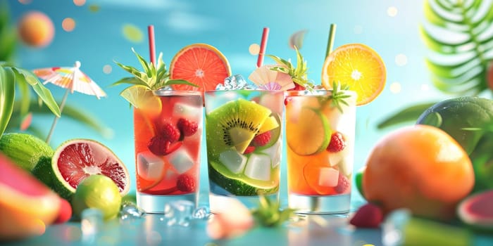 Three colorful drinks with straws in them, one of which is a kiwi smoothie. The drinks are served in tall glasses and are surrounded by fruit and ice. The image has a tropical vibe, with the drinks