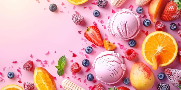A colorful fruit salad with ice cream and strawberries. Concept of freshness and indulgence, as the fruits and ice cream are arranged in a visually appealing manner