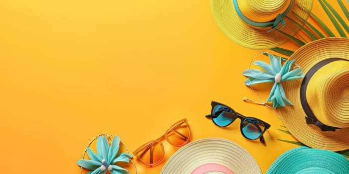 A yellow background with a bunch of hats, sunglasses, and flowers. The hats are of different colors and styles, and the sunglasses are also of various colors. Scene is cheerful and summery