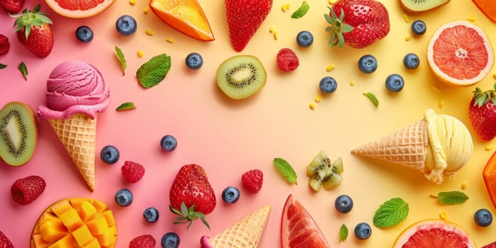 A colorful display of fruit and ice cream on a table. The ice cream is in the center and surrounded by various fruits such as strawberries, blueberries, and kiwi