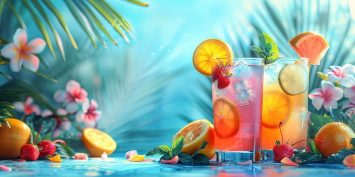 A tropical scene with two glasses of fruit punch and a bunch of fruit on a table. Scene is relaxed and refreshing
