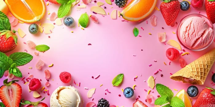 A colorful display of fruit and ice cream on a pink background. The fruit includes strawberries, blueberries, raspberries, and oranges, while the ice cream is vanilla