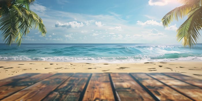 A beautiful beach scene with palm trees and a clear blue ocean. The beach is empty and the water is calm