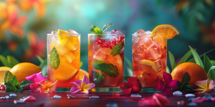 Three drinks with a lot of fruit in them are on a table. The drinks are orange, green, and red