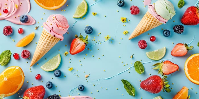 A blue background with a variety of fruits and ice cream. The ice cream is in the shape of a cone and is surrounded by strawberries, blueberries, and oranges