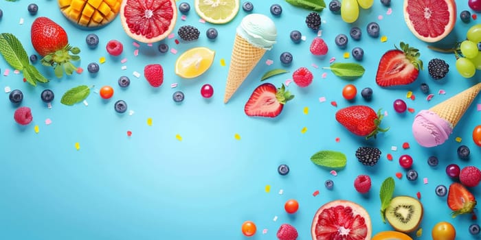 A blue background with a variety of fruits and ice cream. The fruits include strawberries, blueberries, raspberries, and kiwi. The ice cream is in the middle of the image