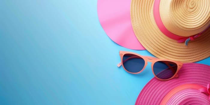 A blue background with a pink and yellow hat and sunglasses on top of it