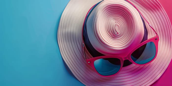 A pink hat and sunglasses are on a blue background