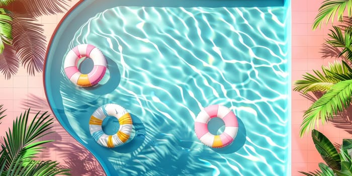 A pool with three inflatable floats and a palm tree in the background. The pool is pink and the floats are pink and yellow