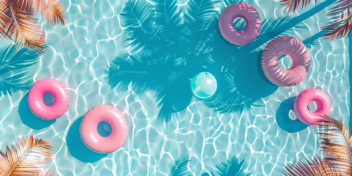 A blue pool with pink and white donuts floating on it. The pool is surrounded by palm trees